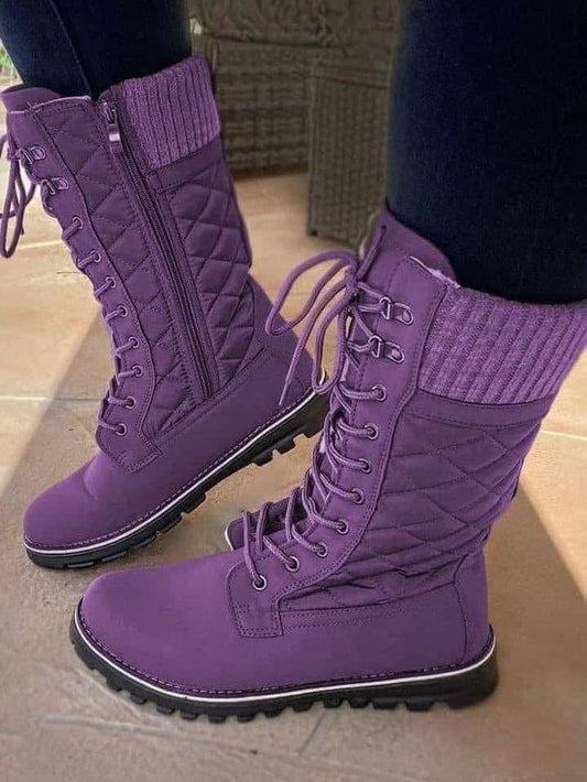 **🔥 Pfysire Women Side Zipper Mid-Calf Boots Warmer Lace-up Flat Shoes Purple 🔥**
