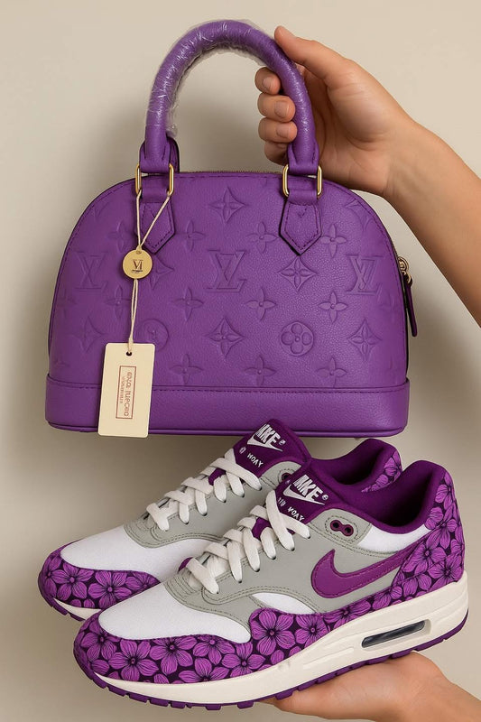 **🔥 The Amazing Customized Air Max Plus Sneaker" + Luxe Purple Shoulder Bag Reign Supreme in Style 🔥**