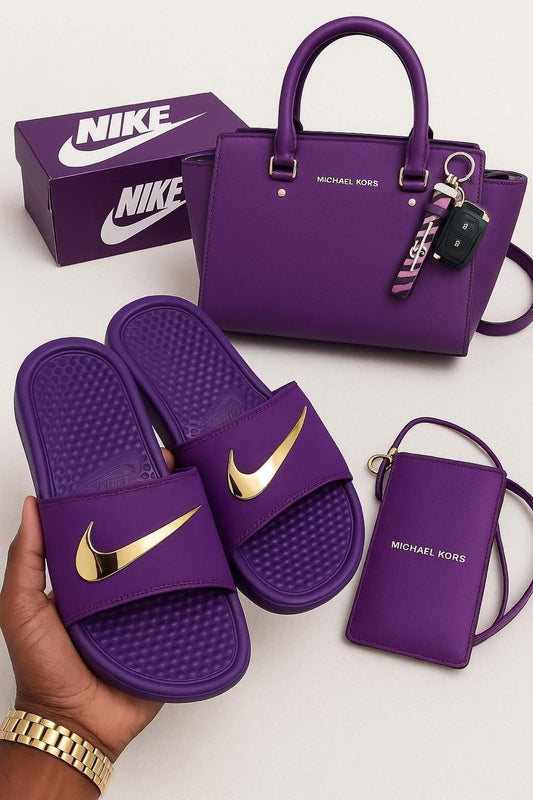 **🔥 Amazing Purple Slides " + Luxe Purple Shoulder Bag Reign Supreme in Style 🔥**