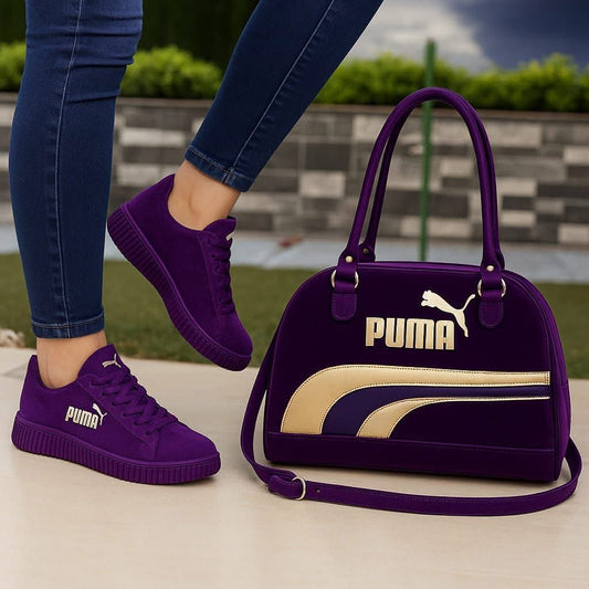 **🔥 Amazing Purple Suede Classic Badge Sneaker" + Luxe Purple Shoulder Bag Reign Supreme in Style 🔥**